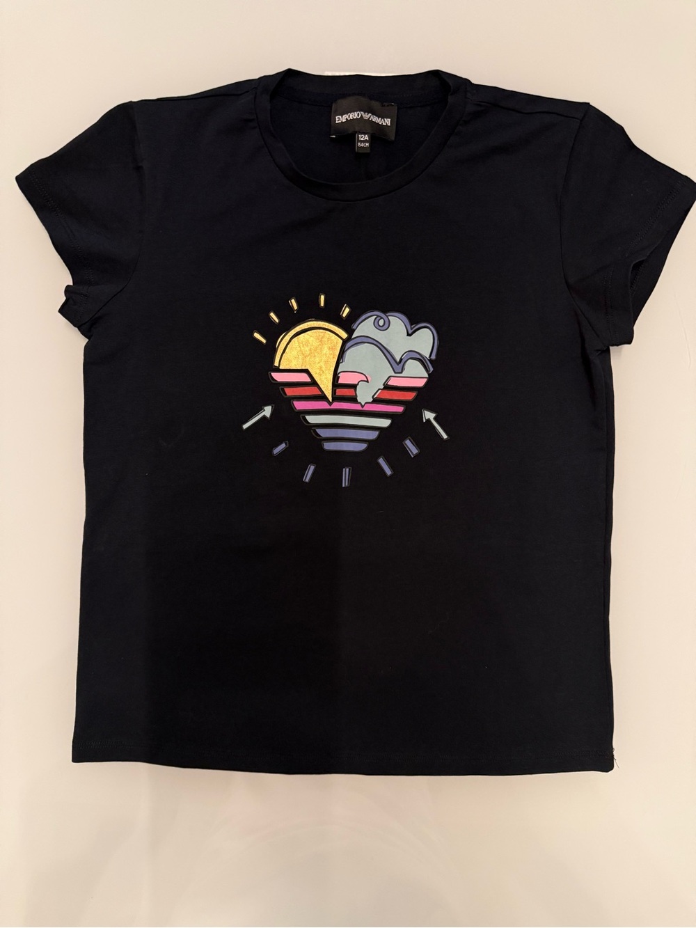 Emporio Armani Black Tee with Colorful Heart Graphic